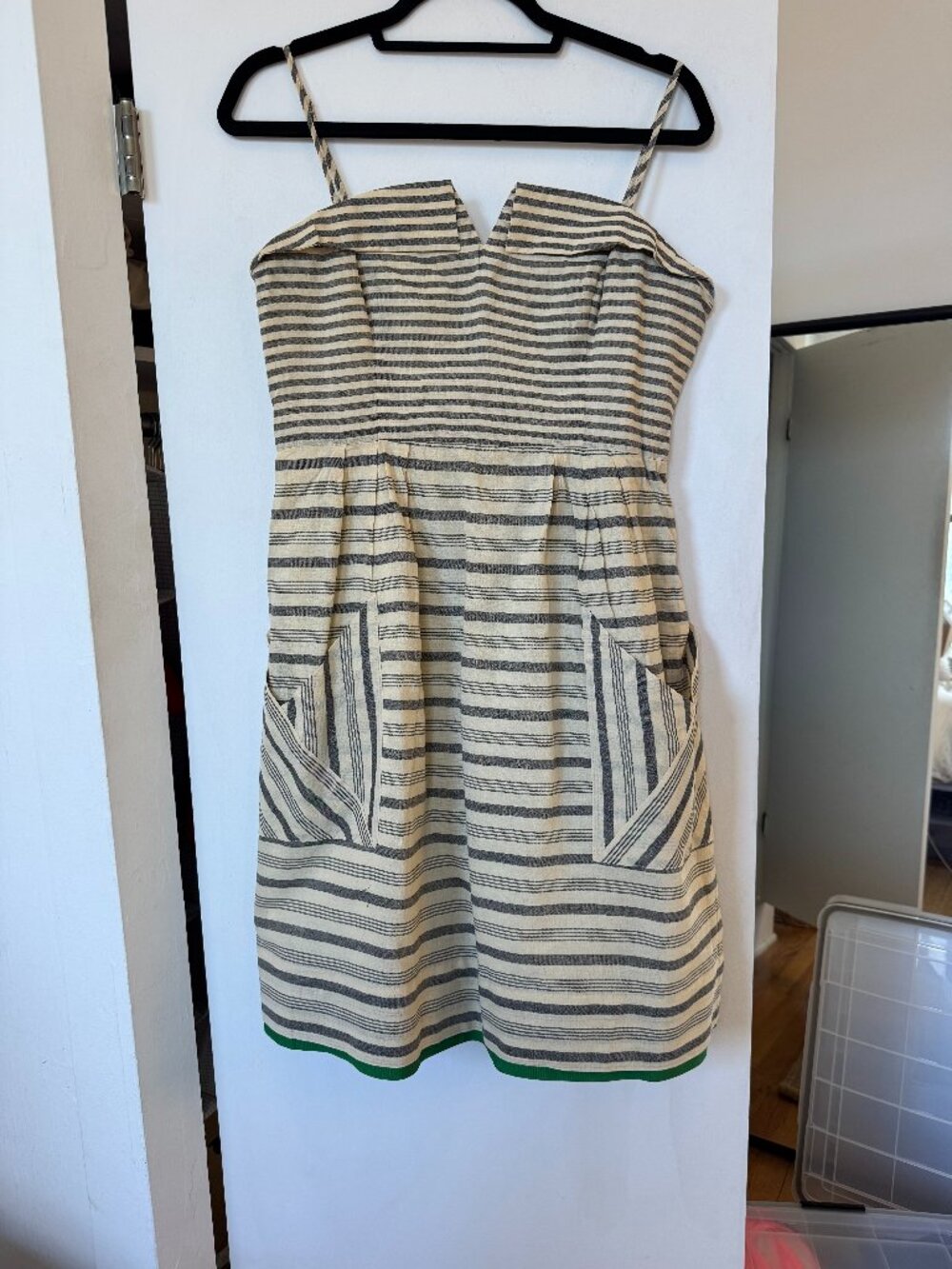Maeve Anthropologie Striped Linen Cotton Dress Green Hem Size 10